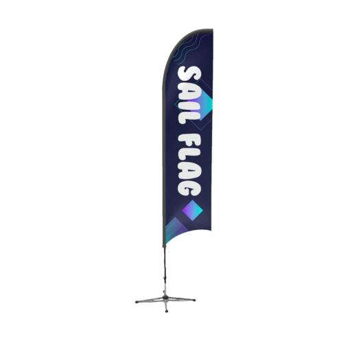 A feather flag with words “sail flag” on it.